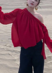 Italian Red One Shoulder Draping Chiffon Shirt Top Fall