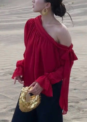 Italian Red One Shoulder Draping Chiffon Shirt Top Fall