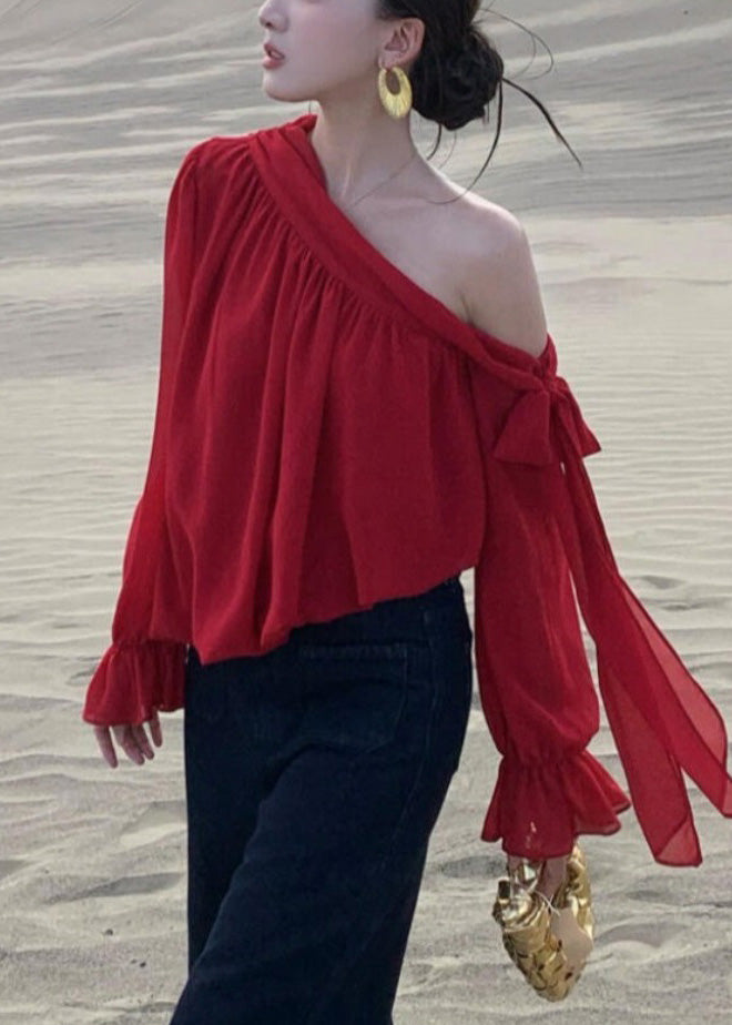 Italian Red One Shoulder Draping Chiffon Shirt Top Fall