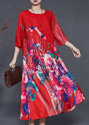 Italian Red Oversized Floral Silk Dresses Summer