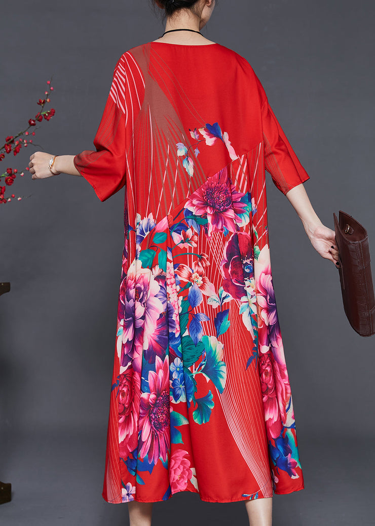 Italian Red Oversized Floral Silk Dresses Summer