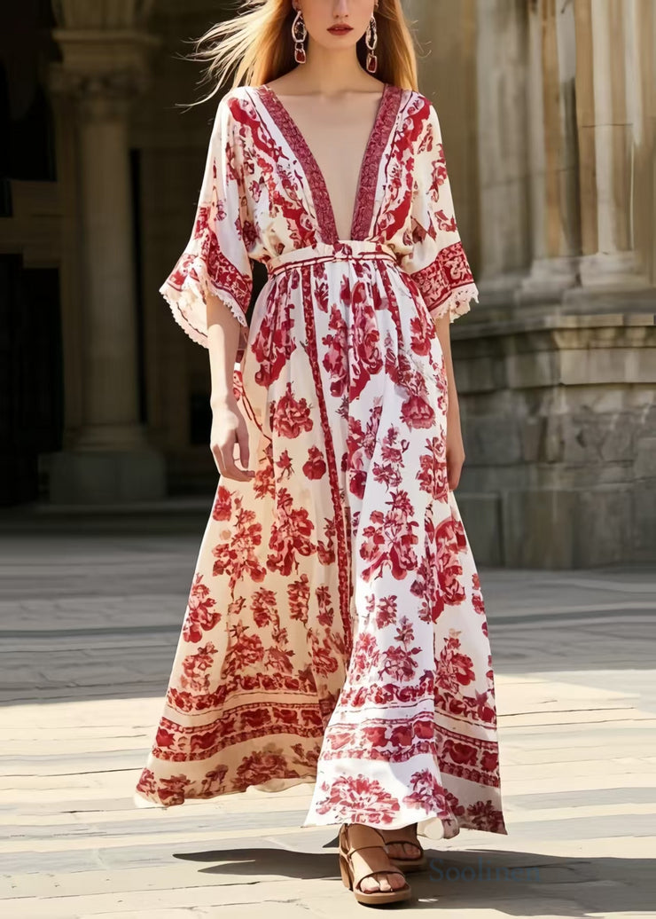 Italian Red Print Exra Large Hem Chiffon Long Dresses Summer