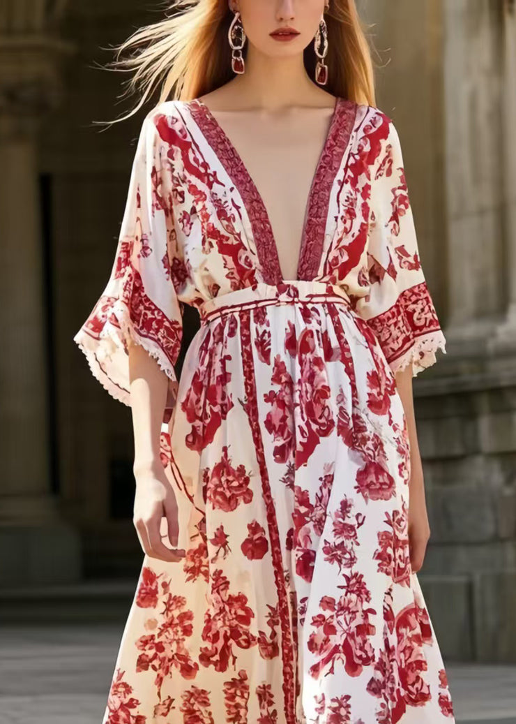 Italian Red Print Exra Large Hem Chiffon Long Dresses Summer