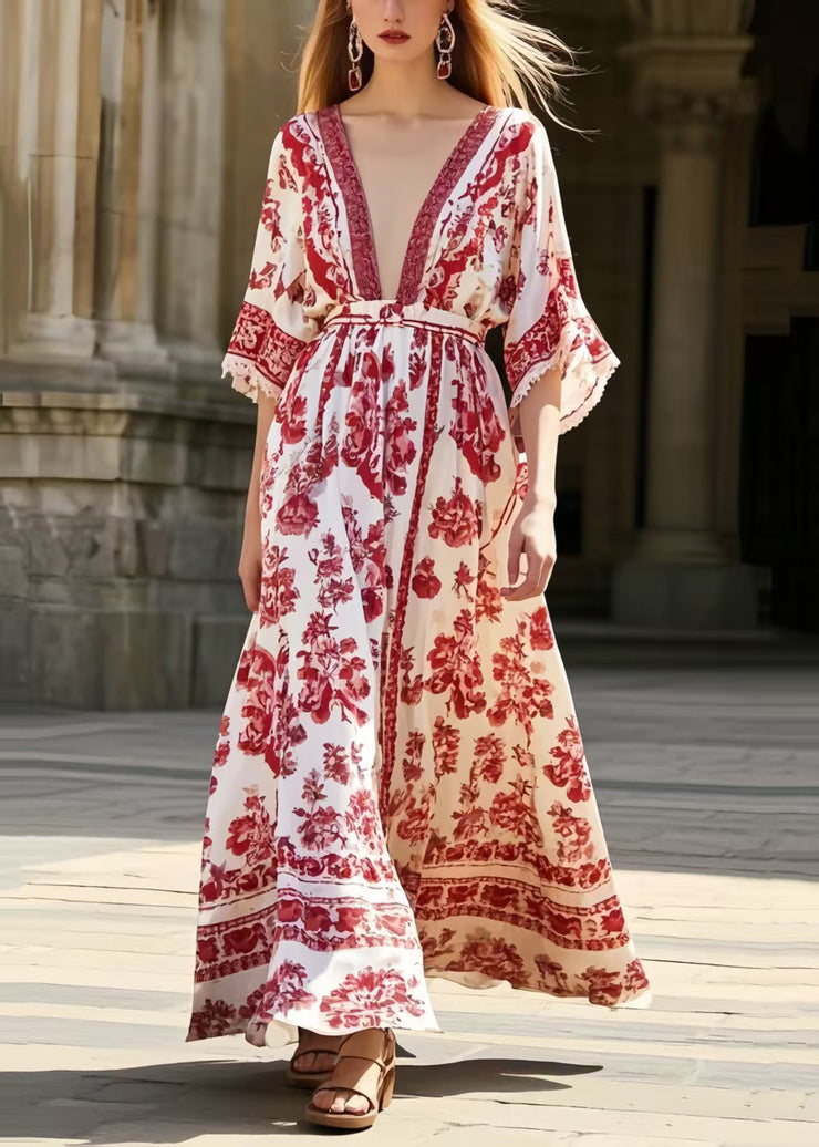 Italian Red Print Exra Large Hem Chiffon Long Dresses Summer