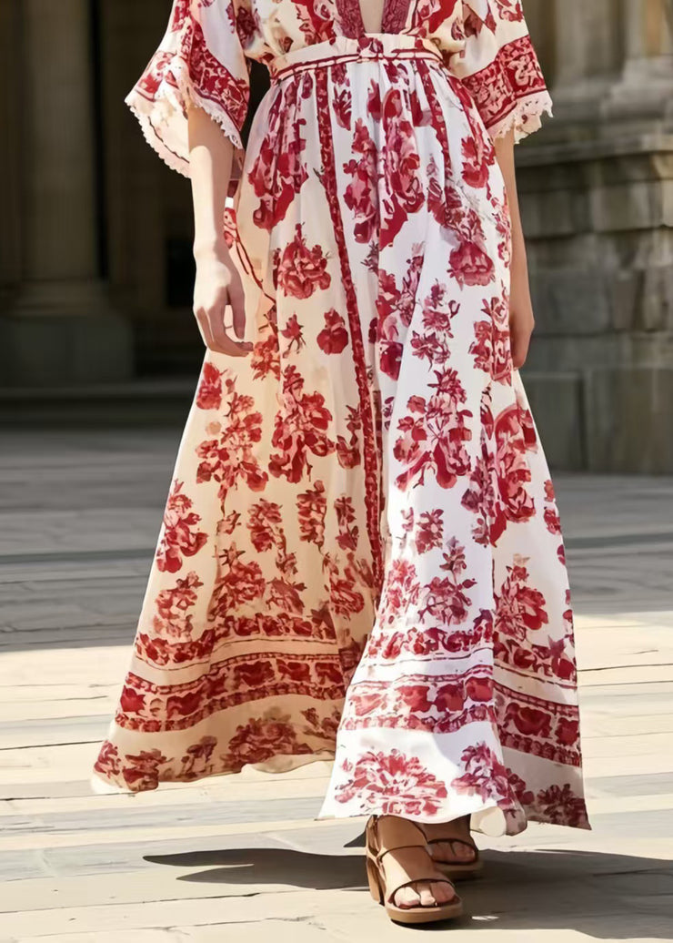 Italian Red Print Exra Large Hem Chiffon Long Dresses Summer