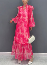 Italian Red V Neck Print Long Dress Lantern Sleeve