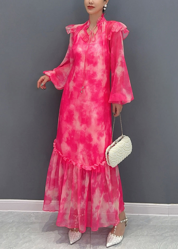 Italian Red V Neck Print Long Dress Lantern Sleeve