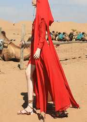Italian Red V Neck Tasseled Nail Bead Chiffon Maxi Dress Fall