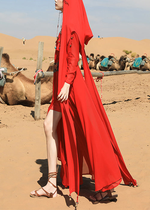 Italian Red V Neck Tasseled Nail Bead Chiffon Maxi Dress Fall