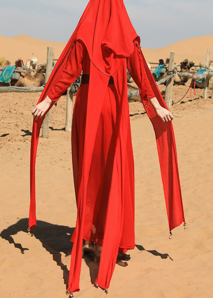 Italian Red V Neck Tasseled Nail Bead Chiffon Maxi Dress Fall