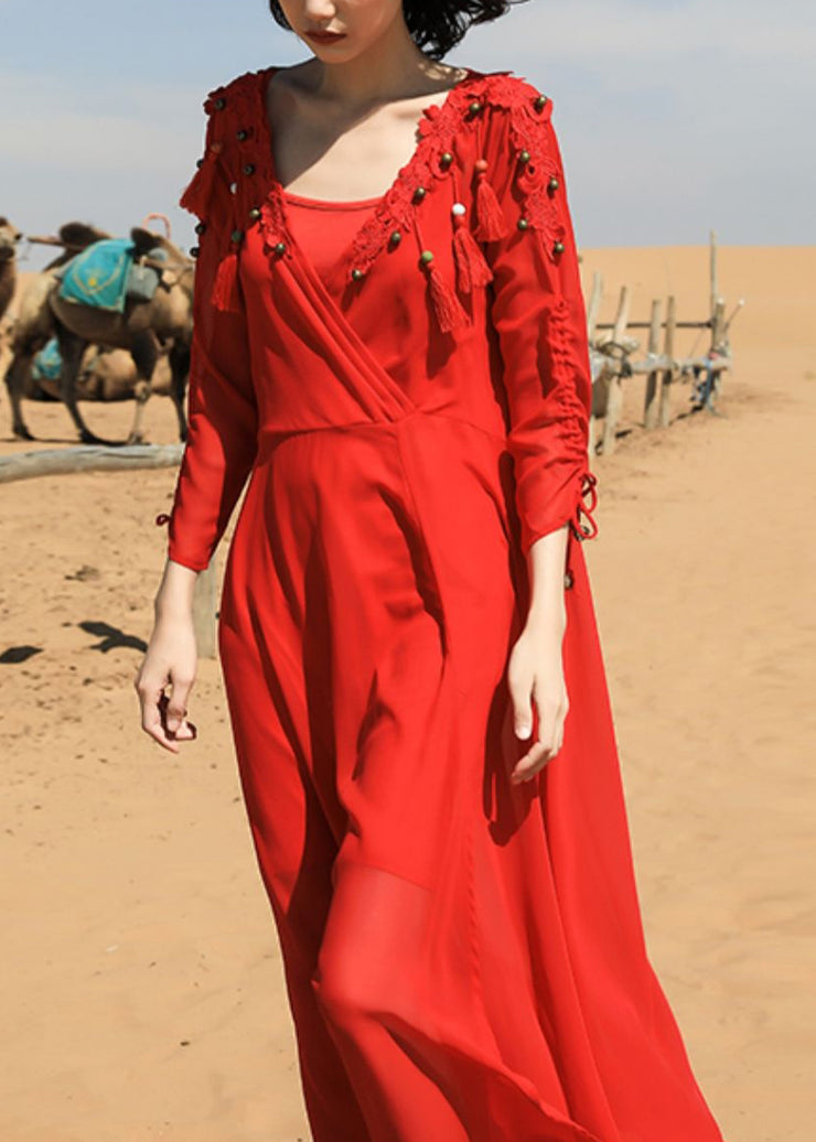 Italian Red V Neck Tasseled Nail Bead Chiffon Maxi Dress Fall