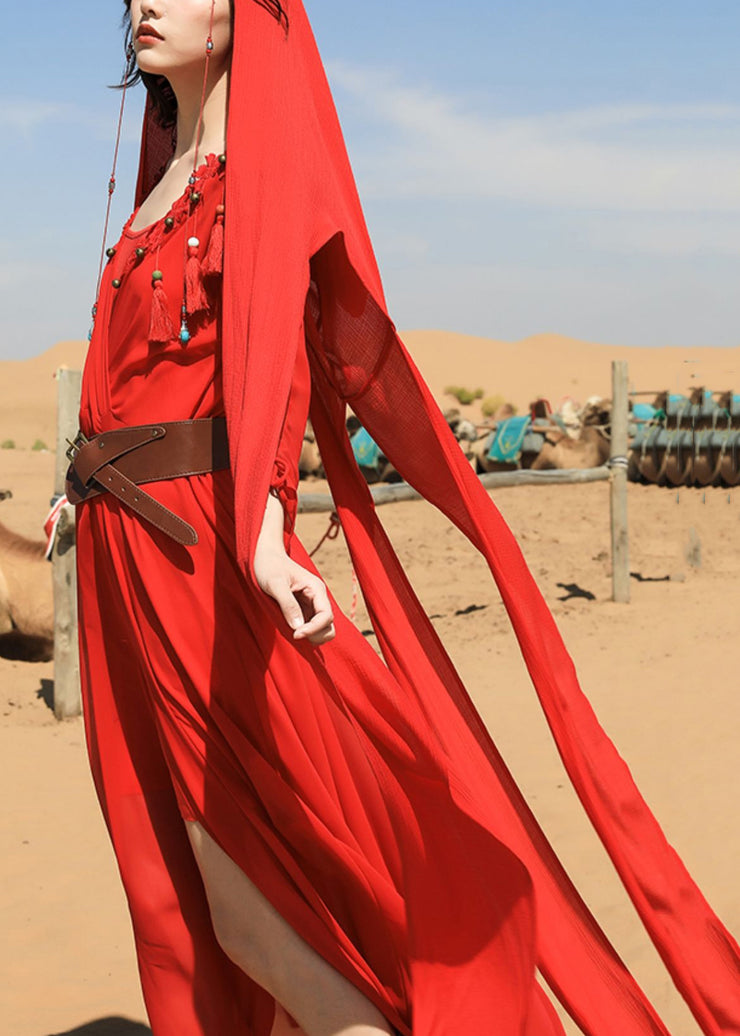 Italian Red V Neck Tasseled Nail Bead Chiffon Maxi Dress Fall