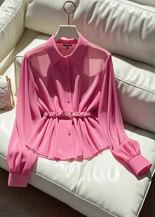 Italian Rose Peter Pan Collar Button Chiffon Blouses Fall