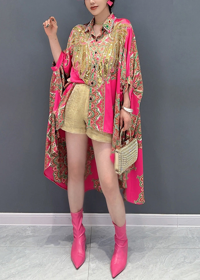 Italian Rose Sequins Low High Design Patchwork Shirts Batwing Sleeve
