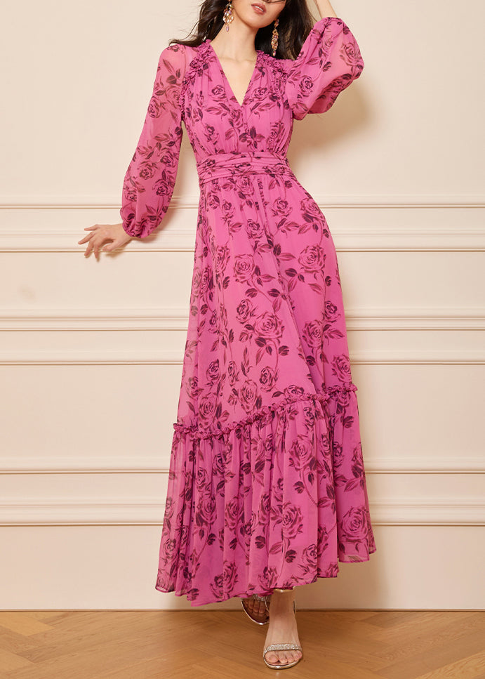 Italian Rose V Neck Ruffled Print Silk Long Dresses Fall