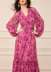 Italian Rose V Neck Ruffled Print Silk Long Dresses Fall