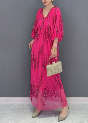 Italian Rose V Neck Sequins Tulle Long Dresses Bracelet Sleeve