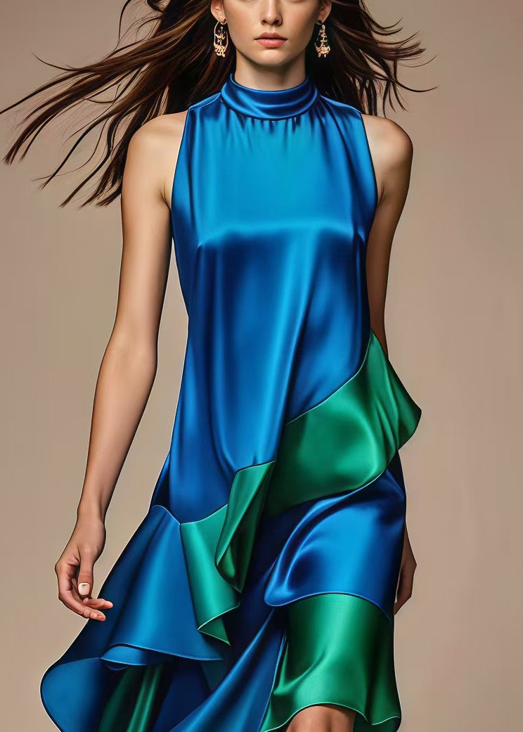 Italian Royal Blue Asymmetrical Patchwork Silk Dress Summer – SooLinen