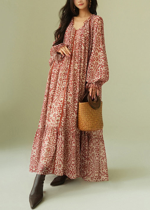 Italian Ruffled Print Lace Up Cotton Long Dress Fall