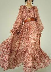 Italian Ruffled Print Lace Up Cotton Long Dress Fall