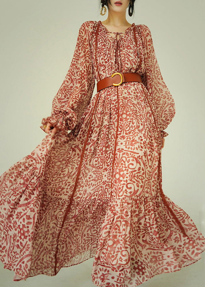 Italian Ruffled Print Lace Up Cotton Long Dress Fall