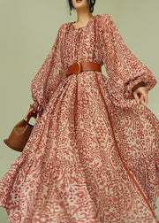 Italian Ruffled Print Lace Up Cotton Long Dress Fall