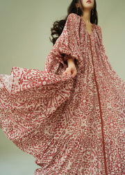 Italian Ruffled Print Lace Up Cotton Long Dress Fall