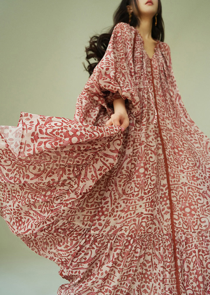 Italian Ruffled Print Lace Up Cotton Long Dress Fall