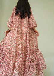 Italian Ruffled Print Lace Up Cotton Long Dress Fall