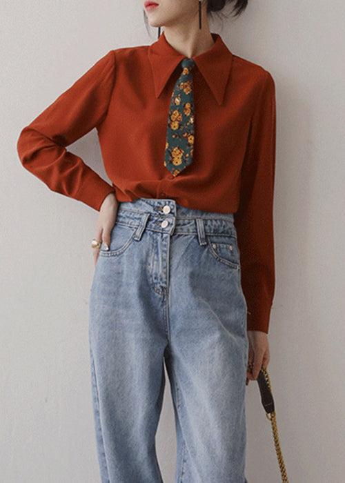 Italian Rust Solid Button Chiffon Blouses Long Sleeve