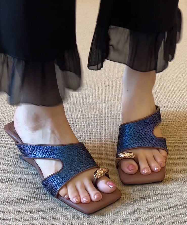 Italian Silver Faux Leather Wedge Slide Sandals Peep Toe