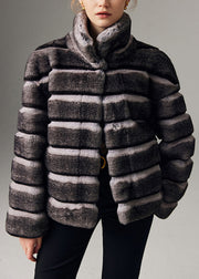 Italian Striped Stand Collar Pockets Leather And Fur Coat Winter