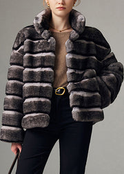 Italian Striped Stand Collar Pockets Leather And Fur Coat Winter