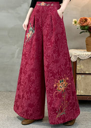 Italian Tea Green Embroidered Jacquard Warm Fleece Wide Leg Pants Winter