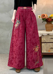 Italian Tea Green Embroidered Jacquard Warm Fleece Wide Leg Pants Winter