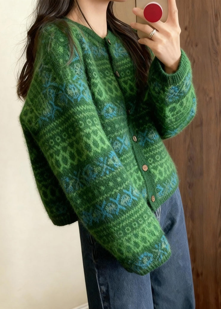 Italian Tea Green Oversized Print Knit Cardigan Winter
