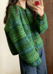 Italian Tea Green Oversized Print Knit Cardigan Winter