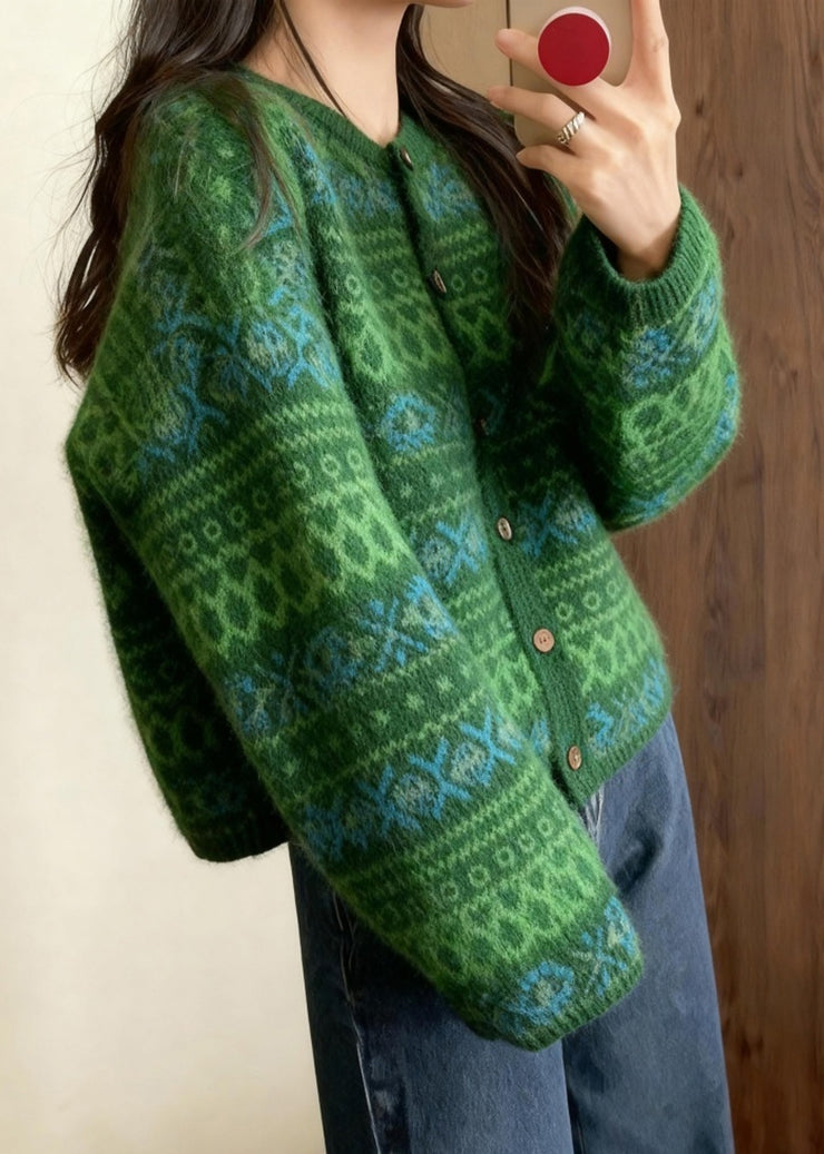 Italian Tea Green Oversized Print Knit Cardigan Winter
