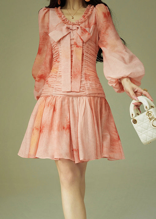 Italian Tie Dye Ruffled Wrinkled Bow Cotton Dress Puff Sleeve