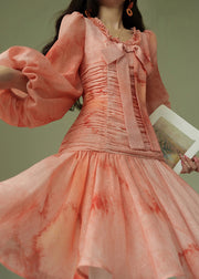 Italian Tie Dye Ruffled Wrinkled Bow Cotton Dress Puff Sleeve