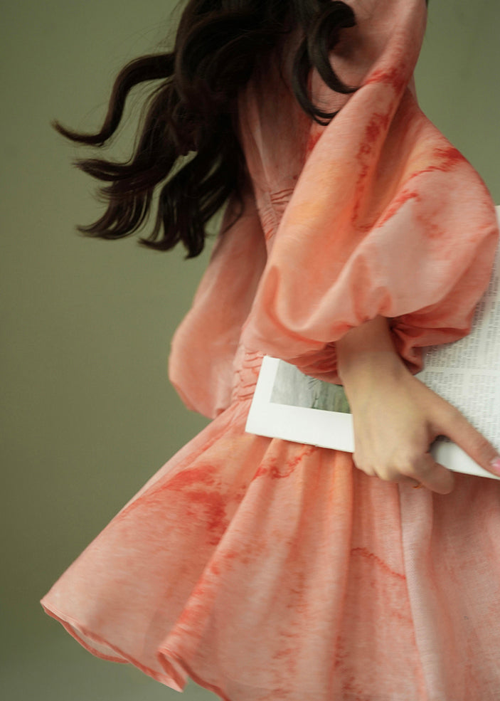 Italian Tie Dye Ruffled Wrinkled Bow Cotton Dress Puff Sleeve