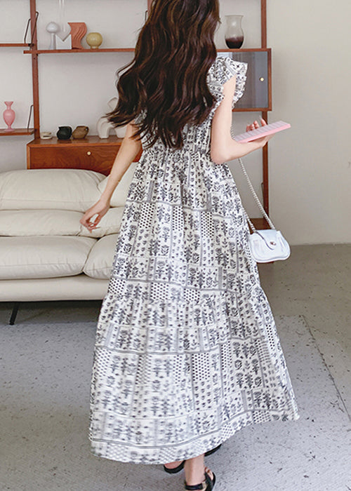 Italian V Neck Print Cotton Long Dresses Summer