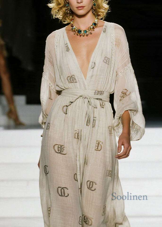 Italian V Neck Print Lace Up Cotton Dresses Fall