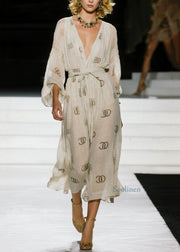 Italian V Neck Print Lace Up Cotton Dresses Fall