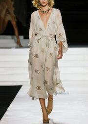 Italian V Neck Print Lace Up Cotton Dresses Fall