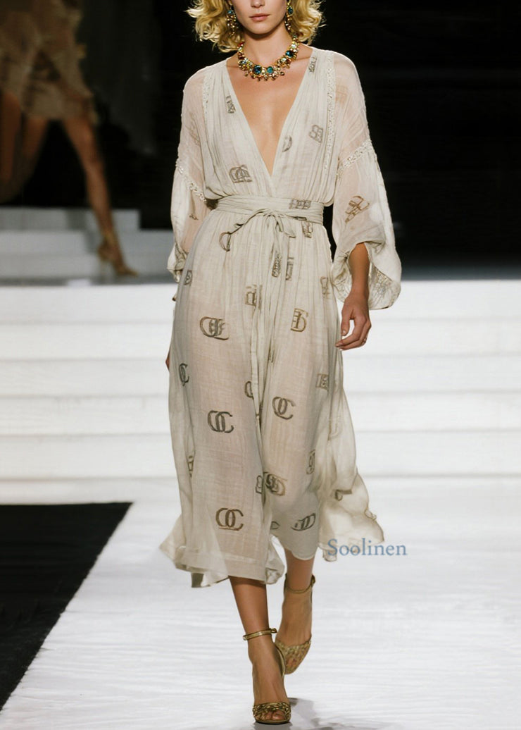 Italian V Neck Print Lace Up Cotton Dresses Fall