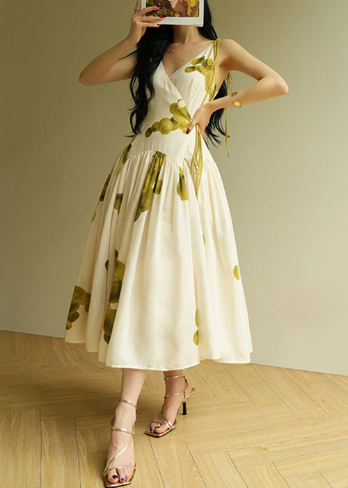 Italian V Neck Print Lace Up Cotton Long Dresses Sleeveless