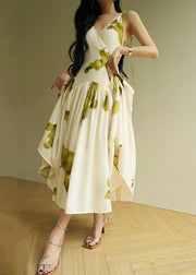 Italian V Neck Print Lace Up Cotton Long Dresses Sleeveless