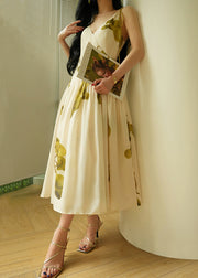 Italian V Neck Print Lace Up Cotton Long Dresses Sleeveless