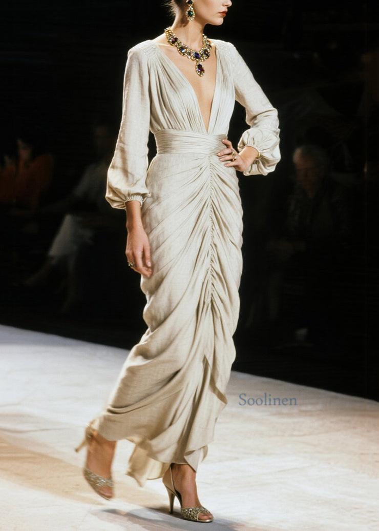 Italian V Neck Wrinkled Cotton Long Dress Fall